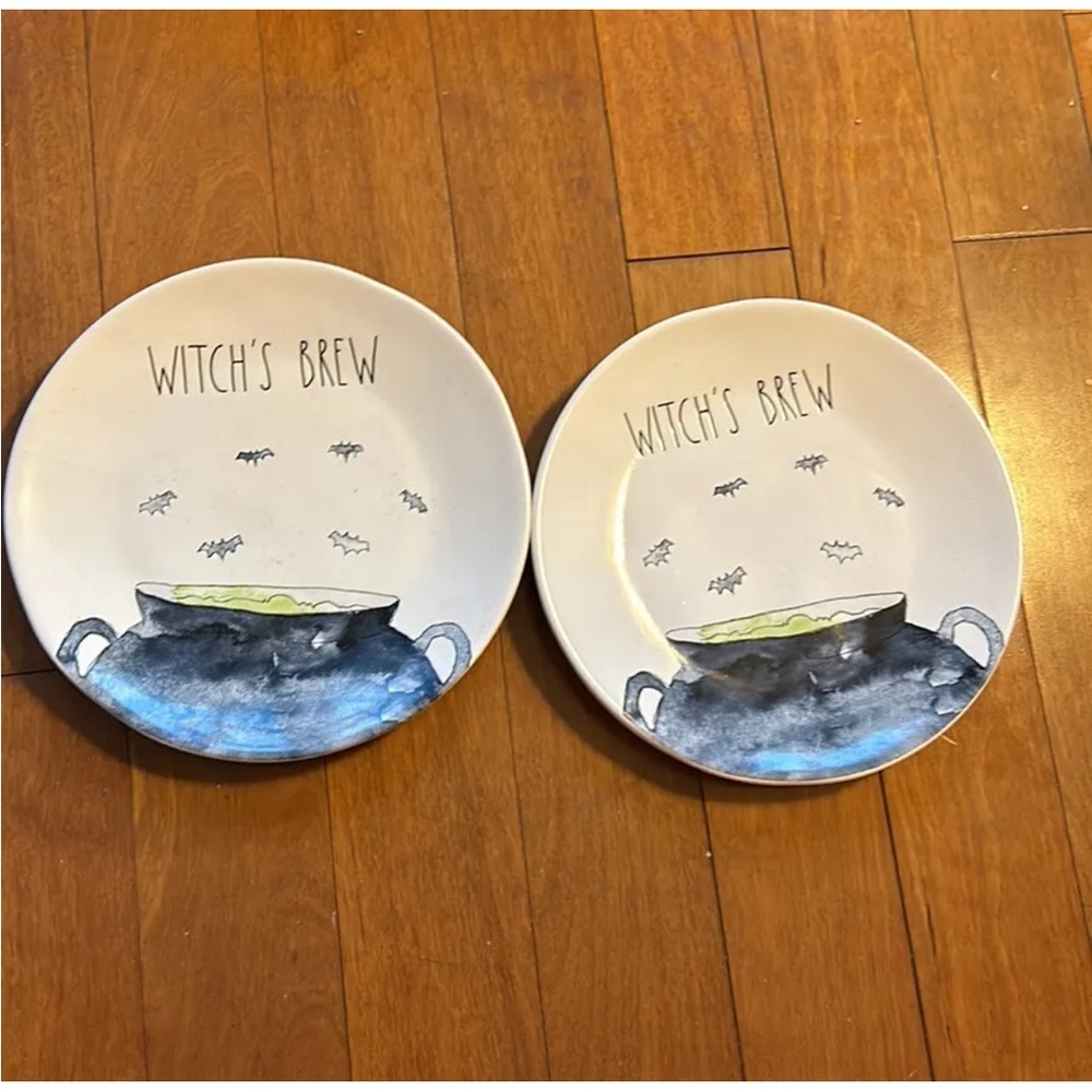 Rae Dunn Set Of 2 Witches Brew Salad Plates New Bats Cauldron